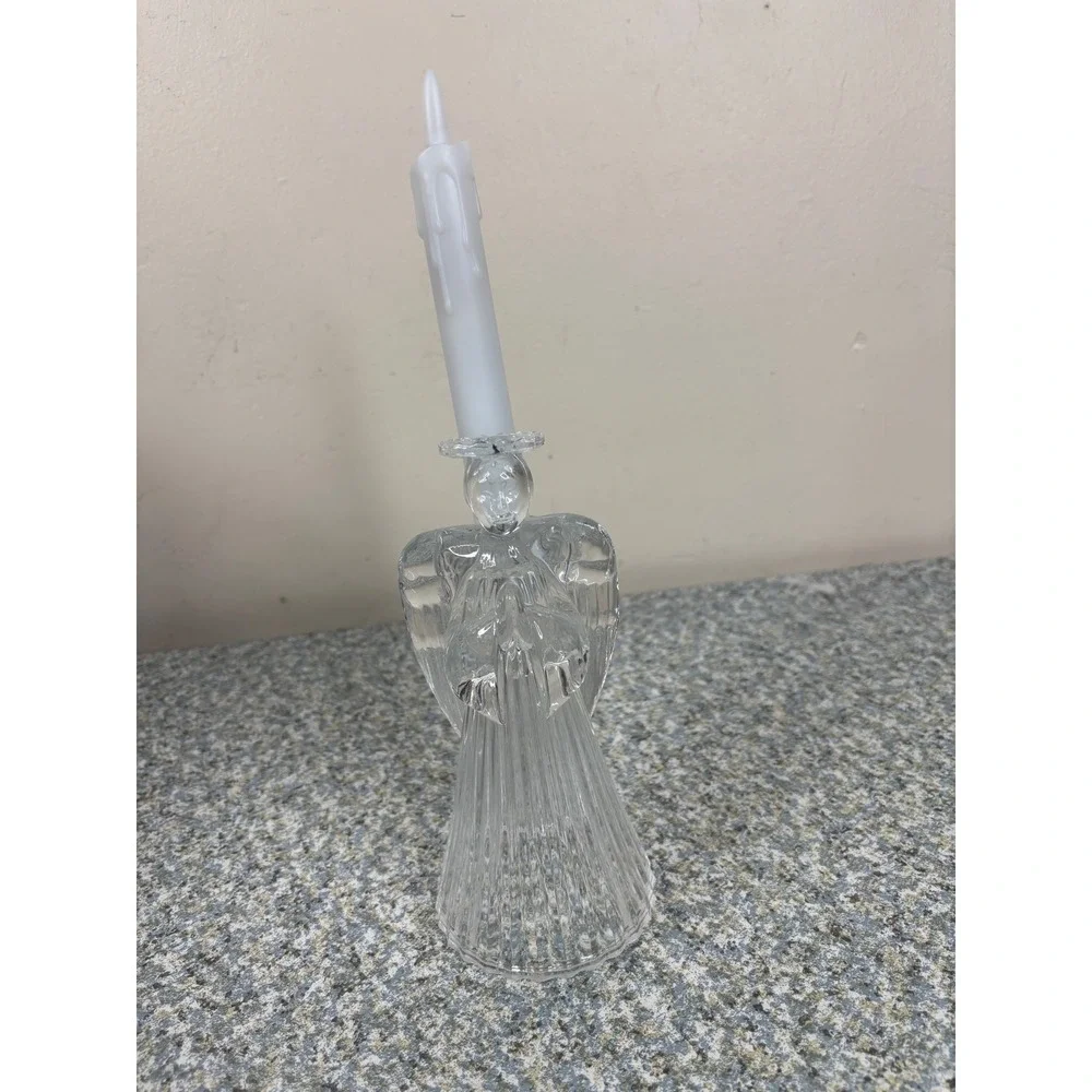 Unbranded Glass Angel Taper Candle Holder Clear Ribbed Praying Figurine 6.25in